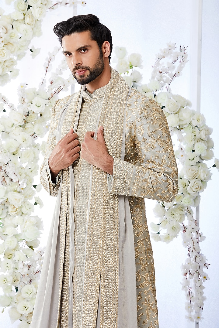 Two-Tone Grey Embroidered Groom Sherwani Set by Seema Gujral Men at Pernia's Pop Up Shop