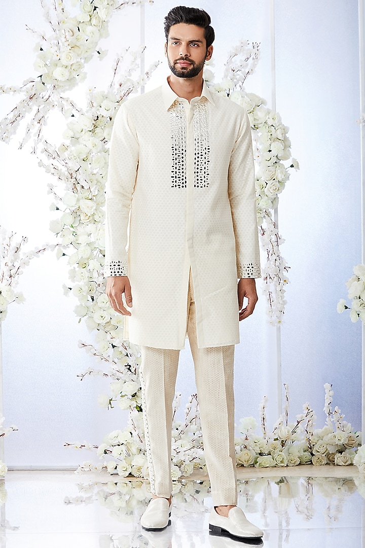 Ivory Mirror Embroidered Kurta Set by Seema Gujral Men