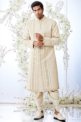 Two-Tone Beige Raw Silk Embroidered Sherwani Set by Seema Gujral Men