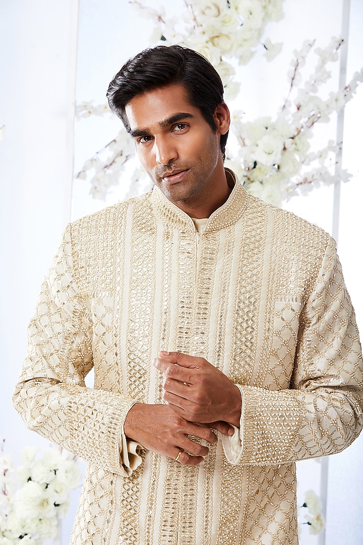 Two-Tone Beige Raw Silk Embroidered Groom Sherwani Set by Seema Gujral Men at Pernia's Pop Up Shop