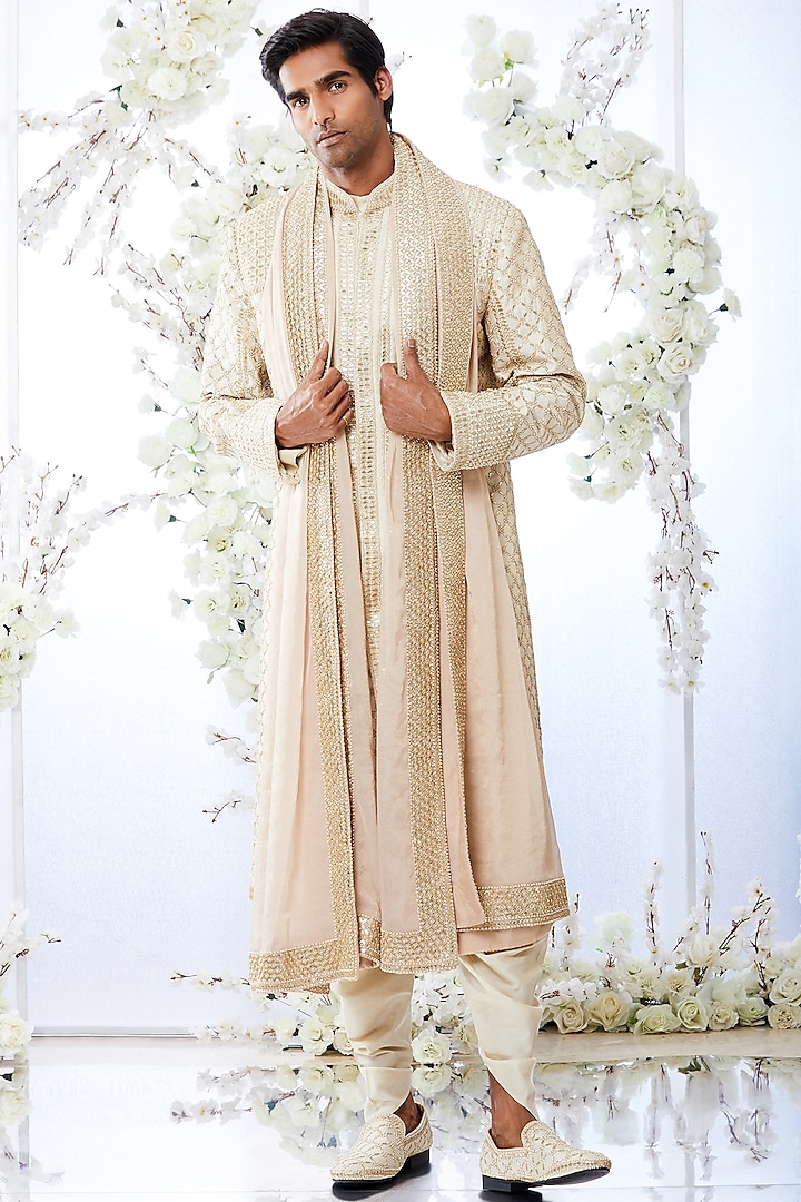 Two-Tone Beige Embroidered Sherwani Set by Seema Gujral Men