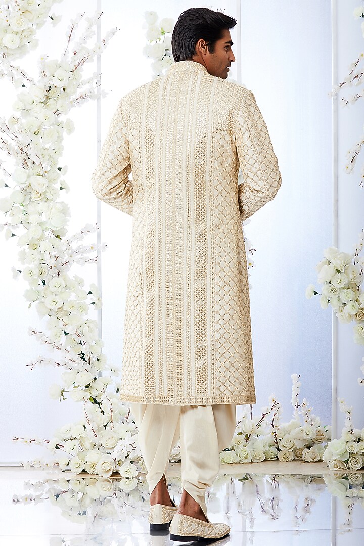 Two-Tone Beige Embroidered Groom Sherwani Set by Seema Gujral Men at Pernia's Pop Up Shop