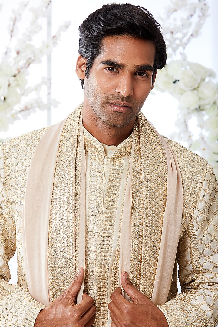 Two-Tone Beige Embroidered Groom Sherwani Set by Seema Gujral Men at Pernia's Pop Up Shop