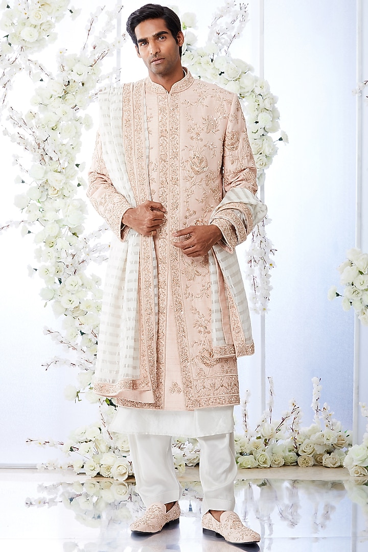 Rose Gold Zardosi Hand Embroidered Groom Sherwani Set by Seema Gujral Men at Pernia's Pop Up Shop