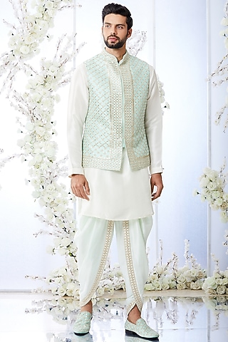 Sage Green Embroidered Nehru Jacket With Kurta Set by Seema Gujral Men