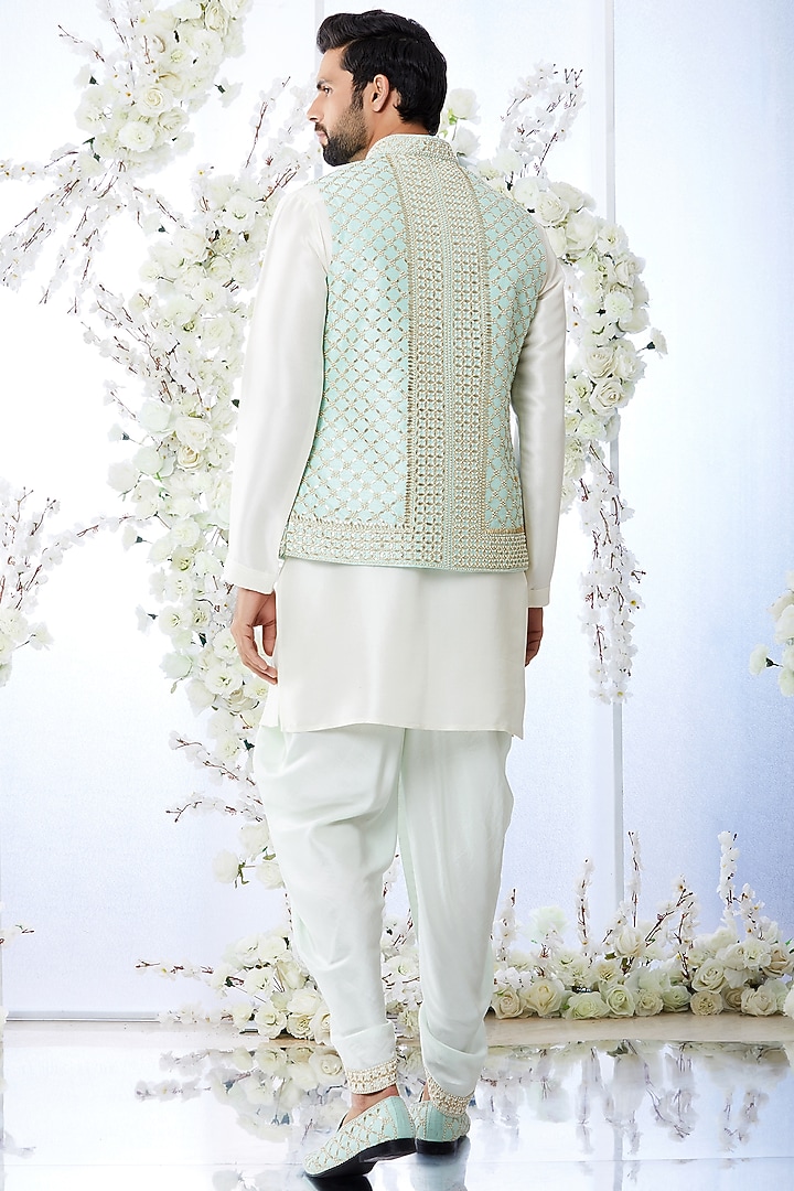 Sage Green Embroidered Nehru Jacket With Kurta Set by Seema Gujral Men at Pernia's Pop Up Shop