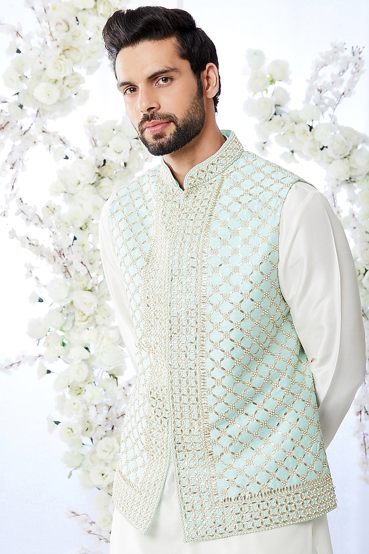 Sage Green Embroidered Nehru Jacket With Kurta Set by Seema Gujral Men at Pernia's Pop Up Shop