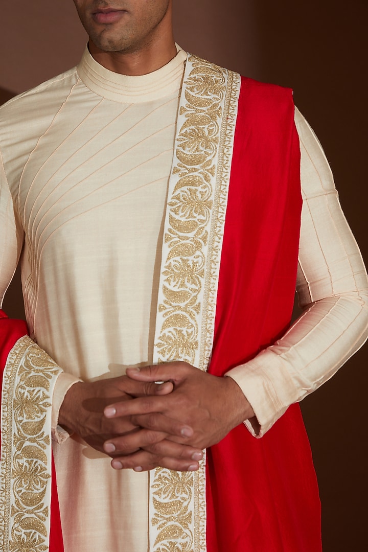 Red Dupion Silk Hand Embroidered Dupatta by Seema Gujral Men at Pernia's Pop Up Shop