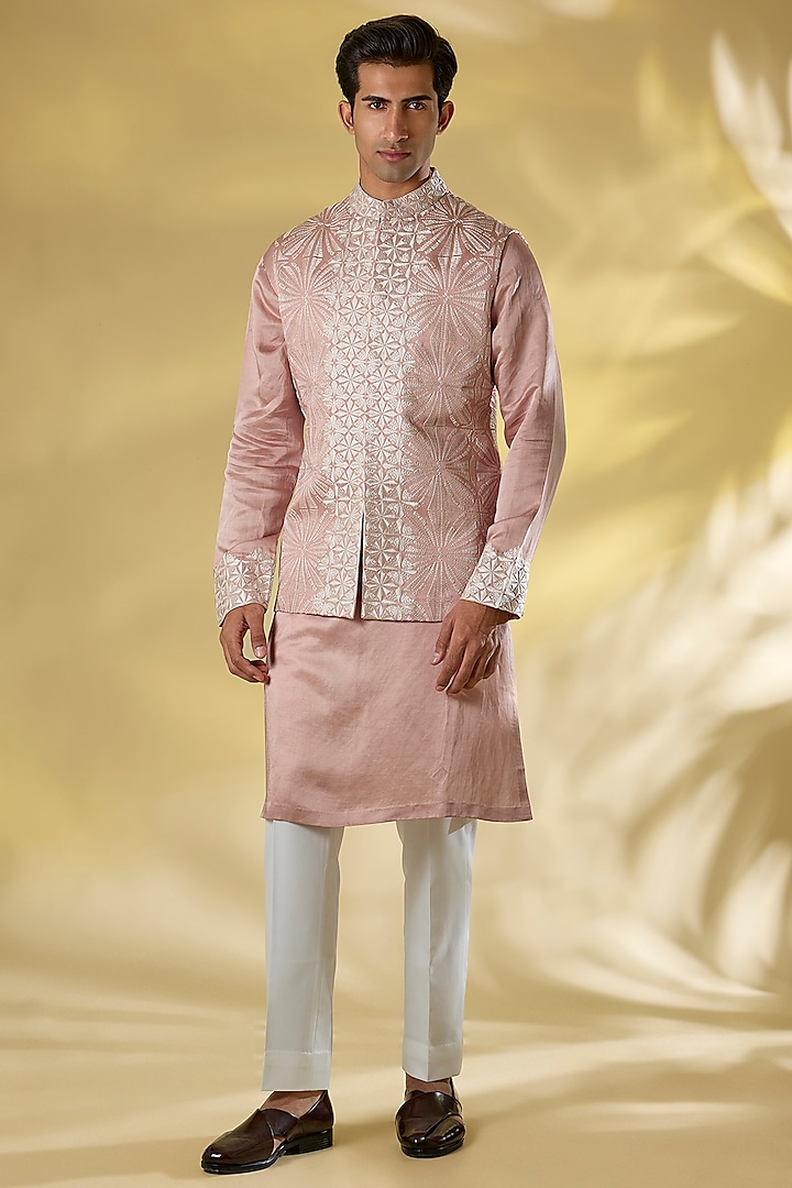 Pink Raw SIlk Embroidered Nehru Jacket Set by Seema Gujral Men