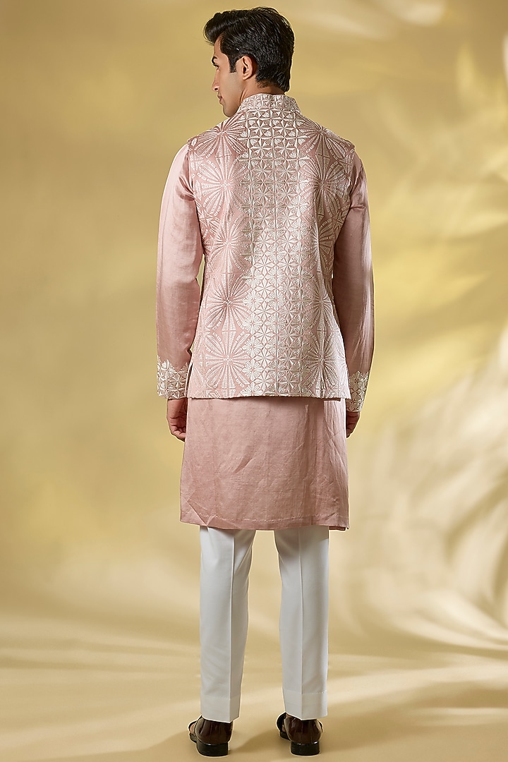 Pink Raw SIlk Embroidered Nehru Jacket Set by Seema Gujral Men at Pernia's Pop Up Shop