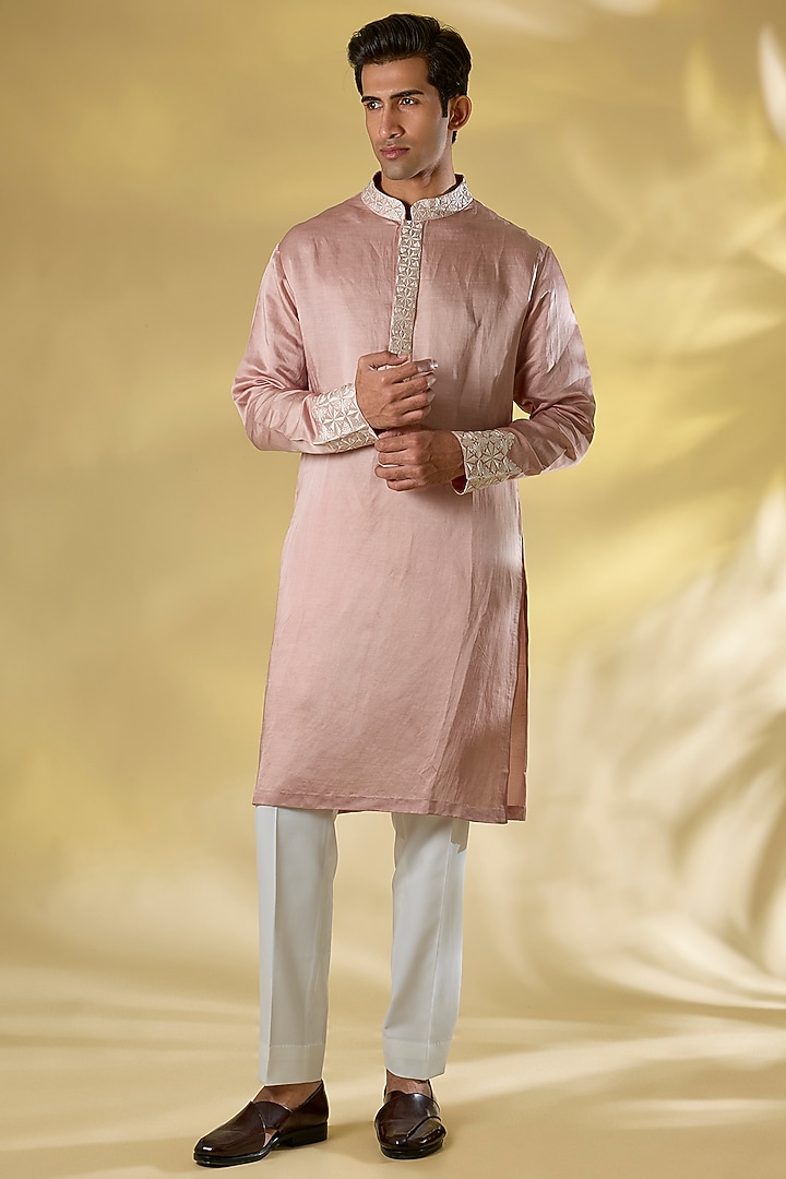 Pink Raw SIlk Embroidered Nehru Jacket Set by Seema Gujral Men at Pernia's Pop Up Shop