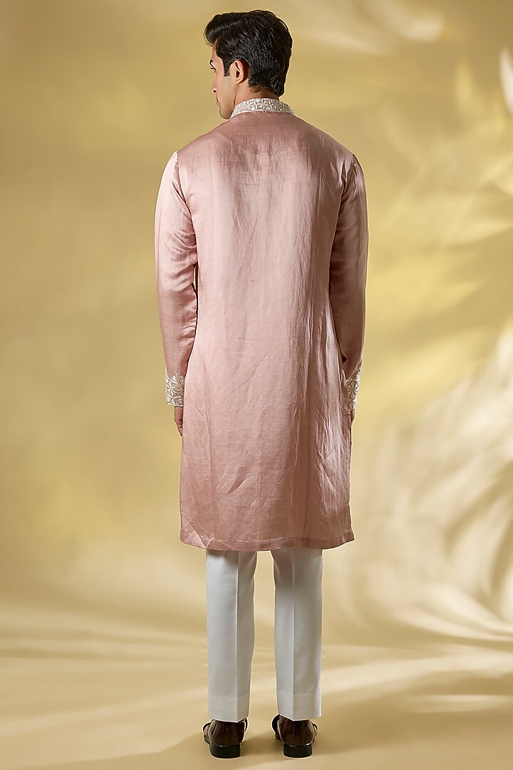 Pink Raw SIlk Embroidered Nehru Jacket Set by Seema Gujral Men at Pernia's Pop Up Shop