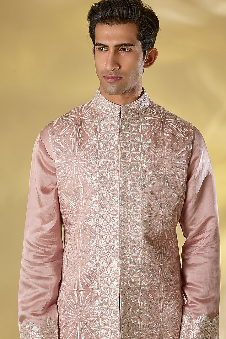 Pink Raw SIlk Embroidered Nehru Jacket Set by Seema Gujral Men at Pernia's Pop Up Shop