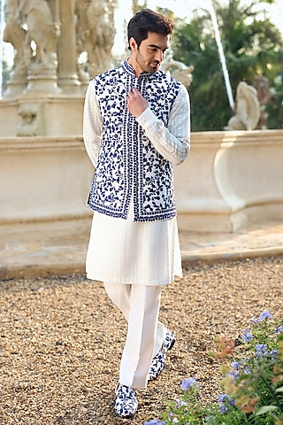 Blue Silk Thread Embroidered Bundi Jacket Set by Seema Gujral Men