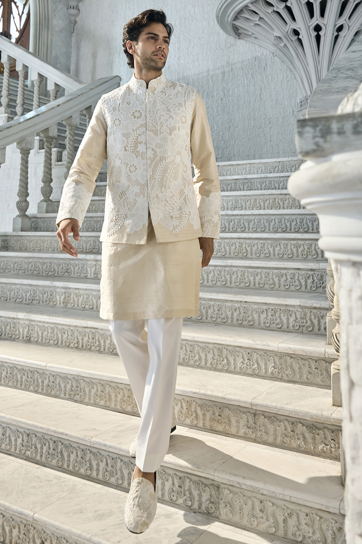 Nude Raw Silk Cutwork Embroidered Bundi Jacket Set by Seema Gujral Men