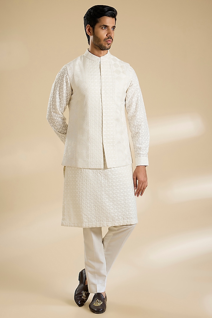 Ivory Silk Nehru Jacket Set by Seema Gujral Men