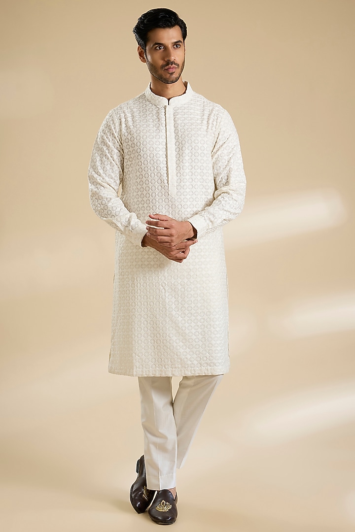 Ivory Silk Nehru Jacket Set by Seema Gujral Men at Pernia's Pop Up Shop