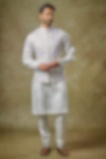 Ivory Linen Satin Sequins Embroidered Bundi Jacket Set by Seema Gujral Men