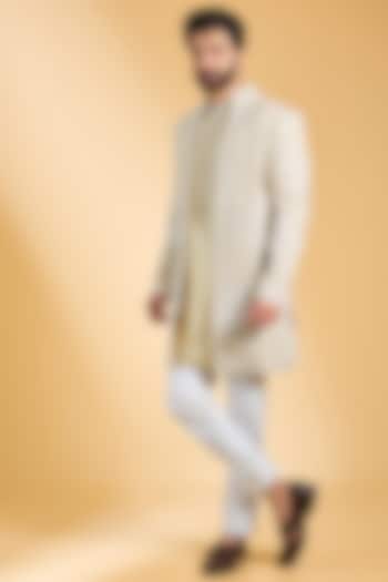 Beige Raw Silk & Cotton Silk Embroidered Indowestern Set by Seema Gujral Men