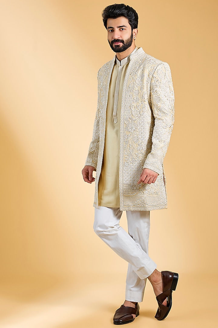 Beige Raw Silk & Cotton Silk Embroidered Indowestern Set by Seema Gujral Men