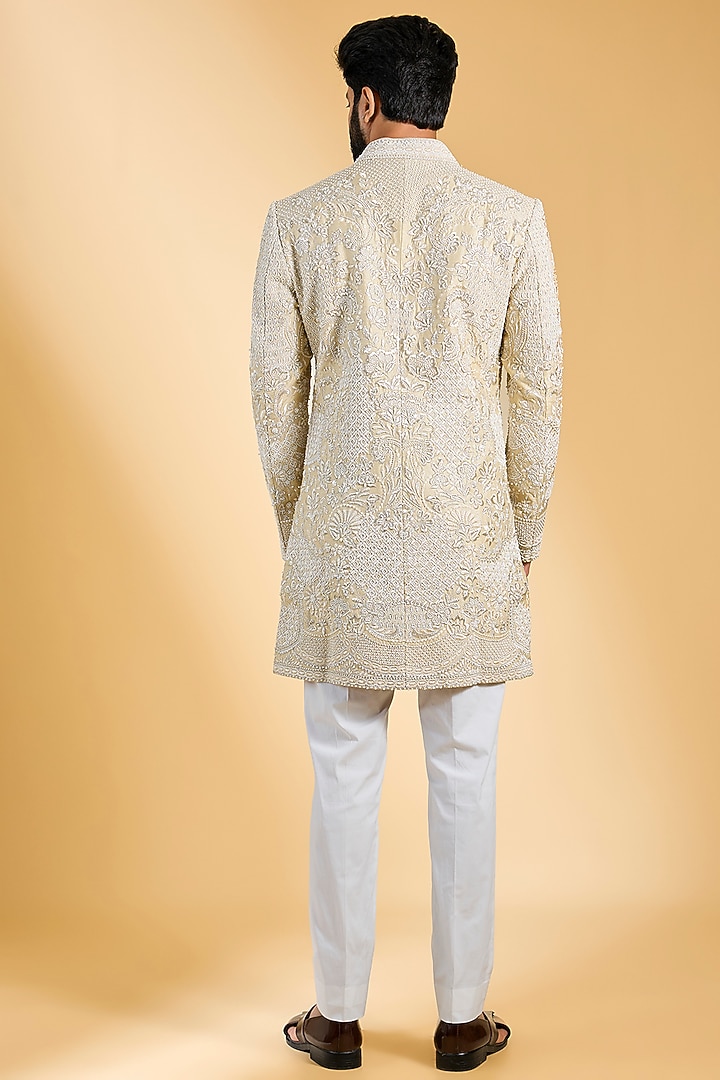 Beige Raw Silk & Cotton Silk Embroidered Indowestern Set by Seema Gujral Men at Pernia's Pop Up Shop