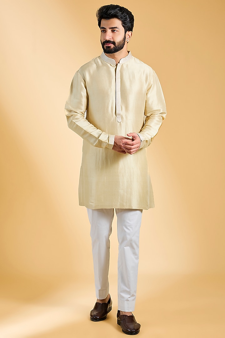 Beige Raw Silk & Cotton Silk Embroidered Indowestern Set by Seema Gujral Men at Pernia's Pop Up Shop