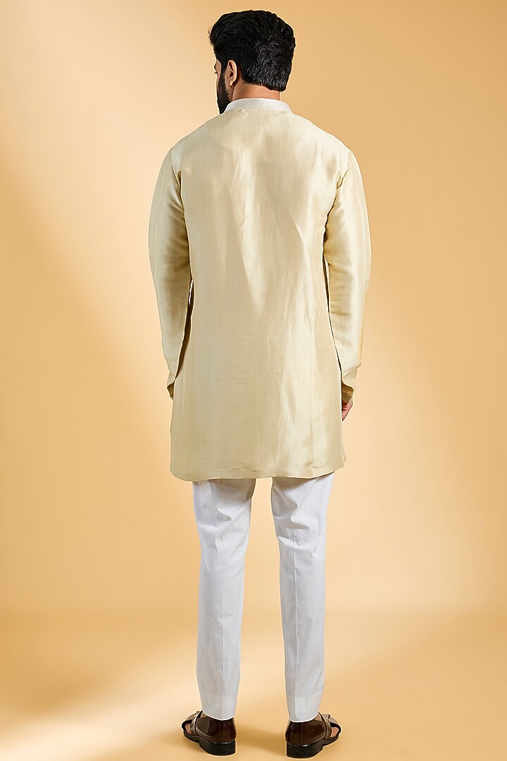 Beige Raw Silk & Cotton Silk Embroidered Indowestern Set by Seema Gujral Men at Pernia's Pop Up Shop
