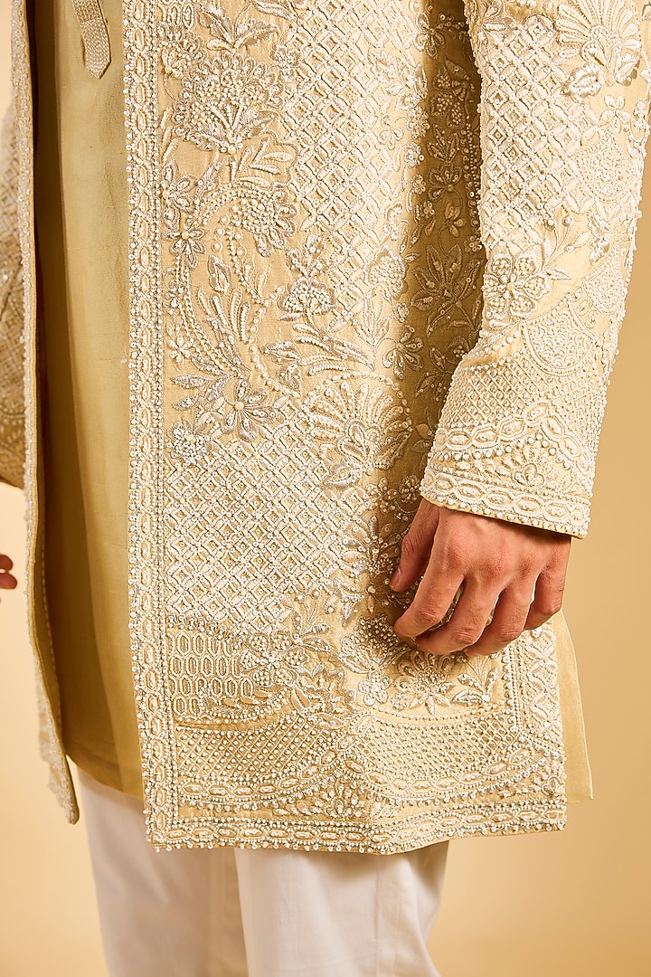 Beige Raw Silk & Cotton Silk Embroidered Indowestern Set by Seema Gujral Men at Pernia's Pop Up Shop