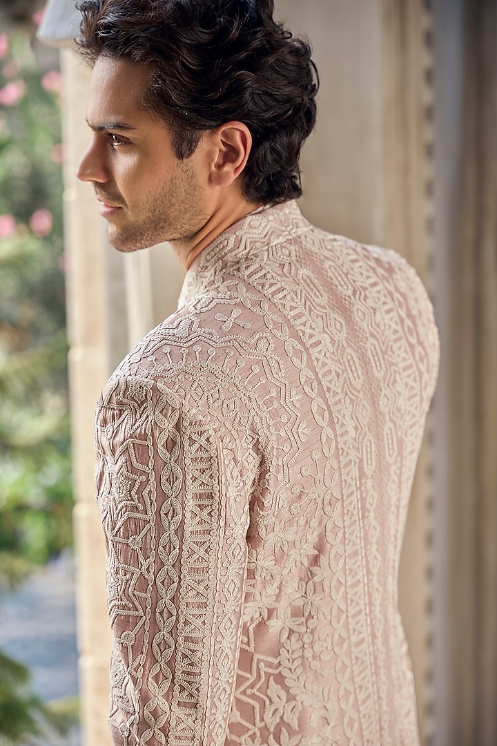 Dusty Rose Silk Dori Embroidered Groom Sherwani Set by Seema Gujral Men at Pernia's Pop Up Shop