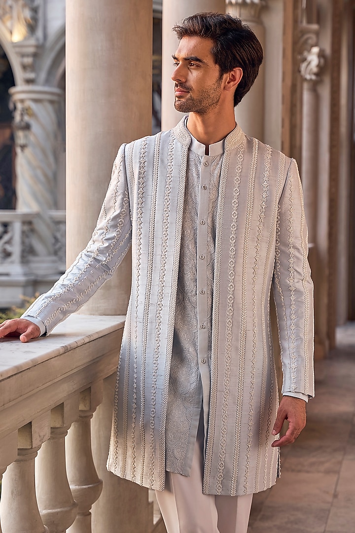Powder Blue Raw Silk Pearl Embroidered Open Groom Sherwani Set by Seema Gujral Men at Pernia's Pop Up Shop