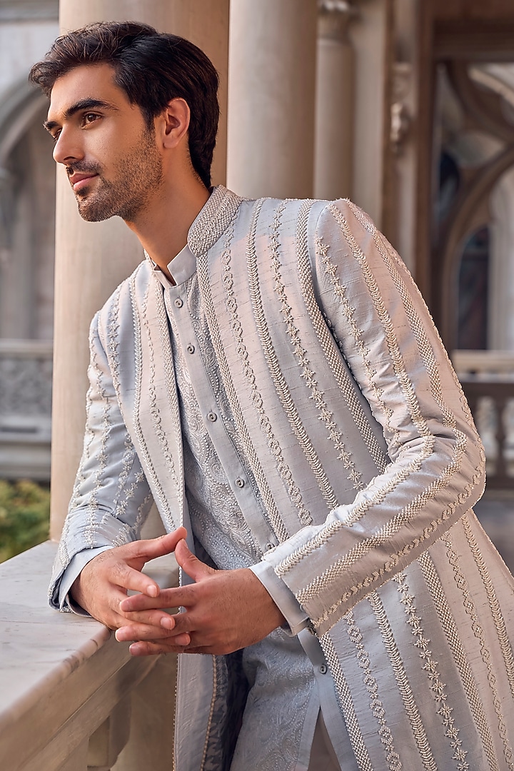 Powder Blue Raw Silk Pearl Embroidered Open Groom Sherwani Set by Seema Gujral Men at Pernia's Pop Up Shop