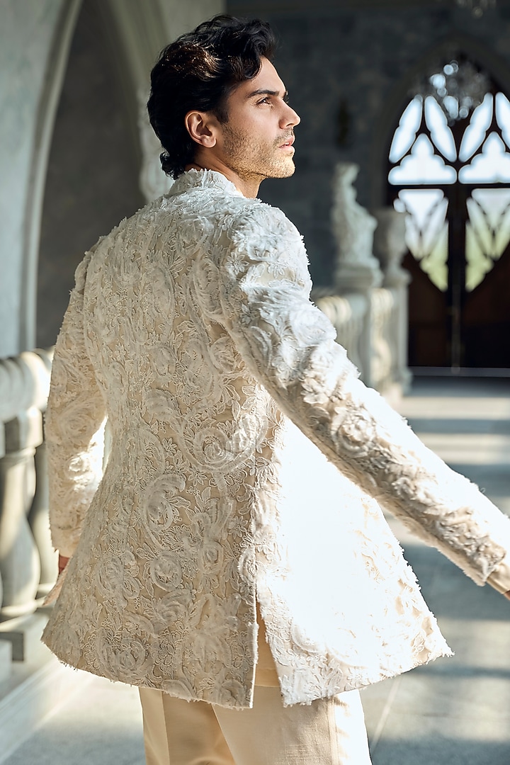 Ivory Raw Silk Embroidered Groom Indowestern Set by Seema Gujral Men at Pernia's Pop Up Shop