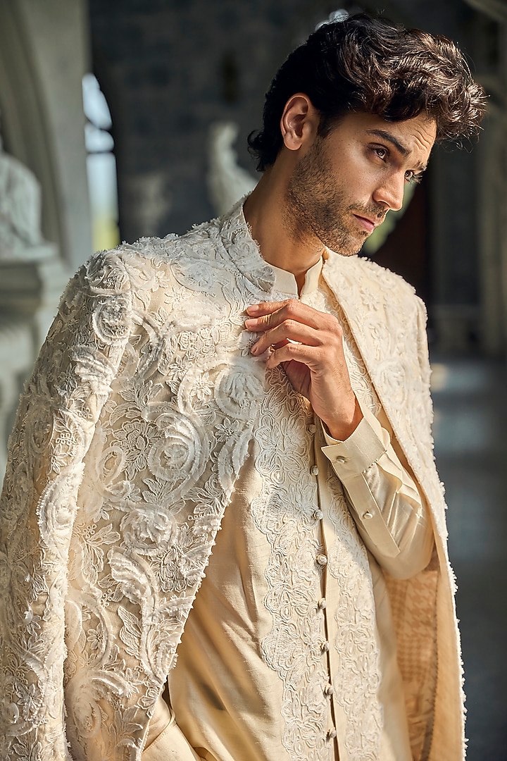 Ivory Raw Silk Embroidered Groom Indowestern Set by Seema Gujral Men at Pernia's Pop Up Shop