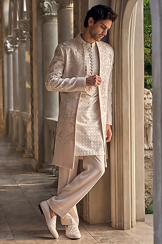 Light Beige Italian Crepe Thread Embroidered Open Sherwani Set by Seema Gujral Men