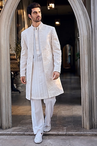 Beige Matka Silk Thread Embroidered Open Sherwani Set by Seema Gujral Men