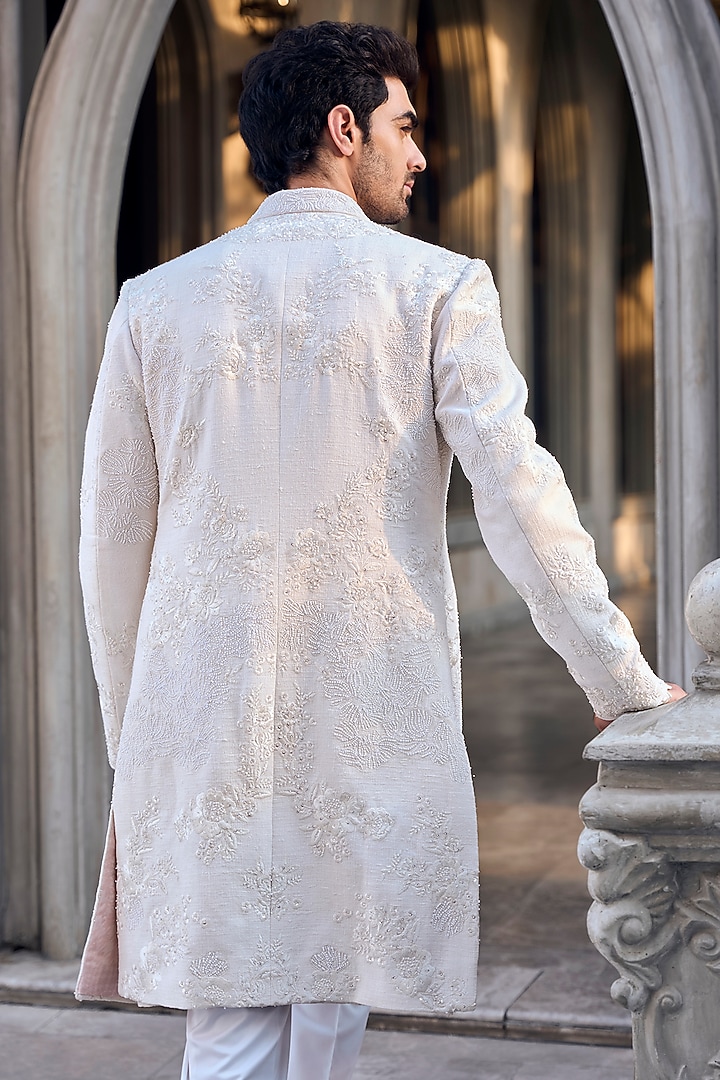 Beige Matka Silk Thread Embroidered Open Groom Sherwani Set by Seema Gujral Men at Pernia's Pop Up Shop