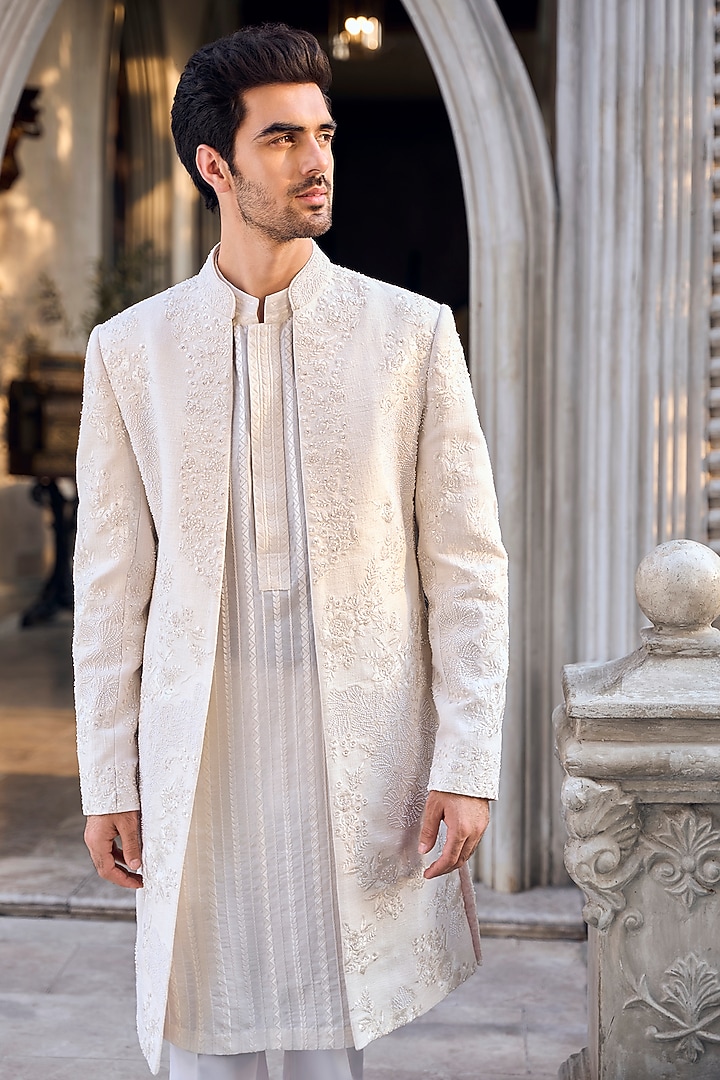 Beige Matka Silk Thread Embroidered Open Groom Sherwani Set by Seema Gujral Men at Pernia's Pop Up Shop