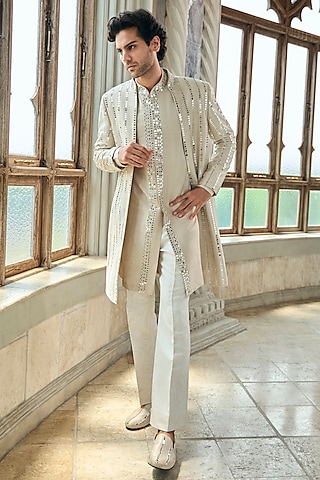 Beige Raw Silk Mirror Embroidered Sherwani Set by Seema Gujral Men