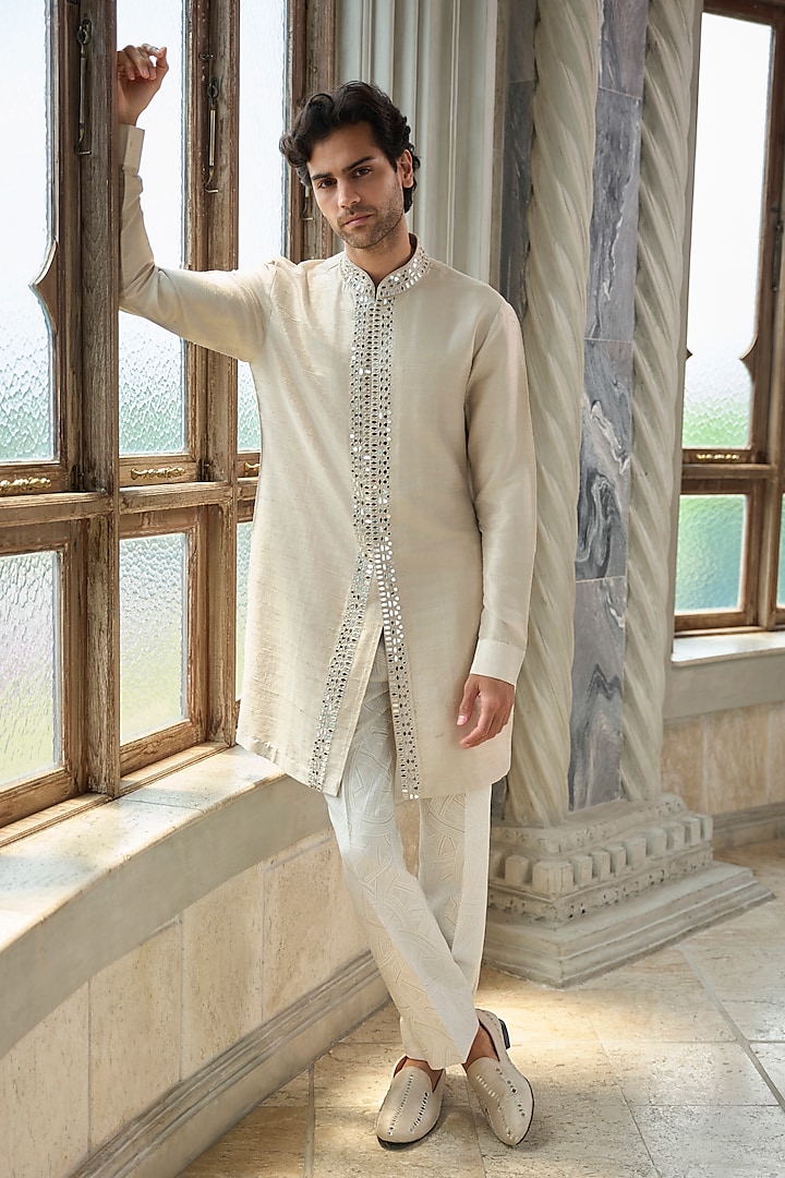 Beige Raw Silk Mirror Embroidered Groom Sherwani Set by Seema Gujral Men at Pernia's Pop Up Shop