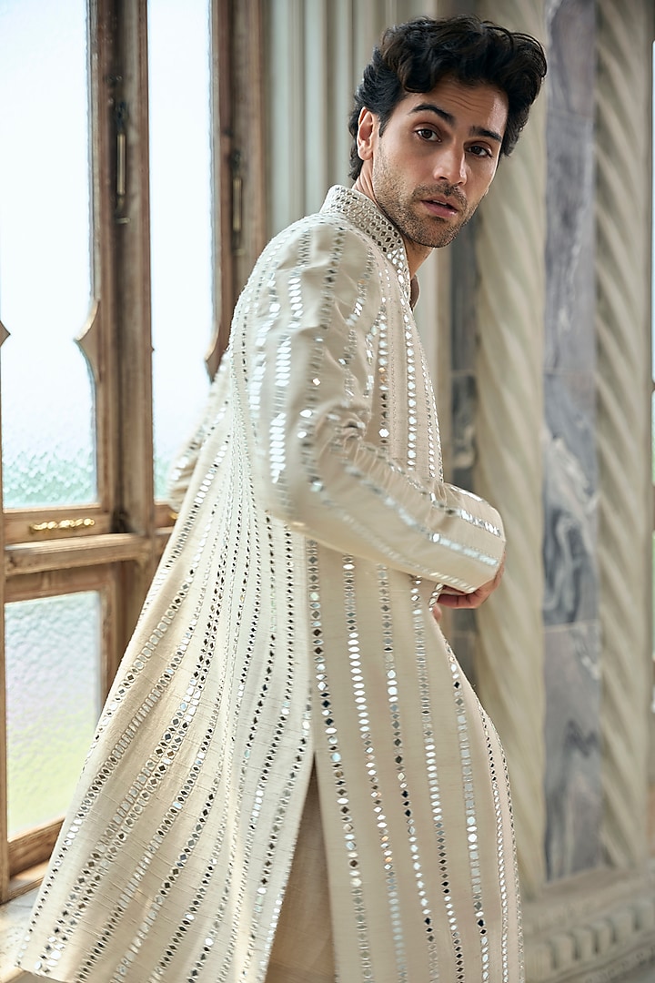 Beige Raw Silk Mirror Embroidered Groom Sherwani Set by Seema Gujral Men at Pernia's Pop Up Shop