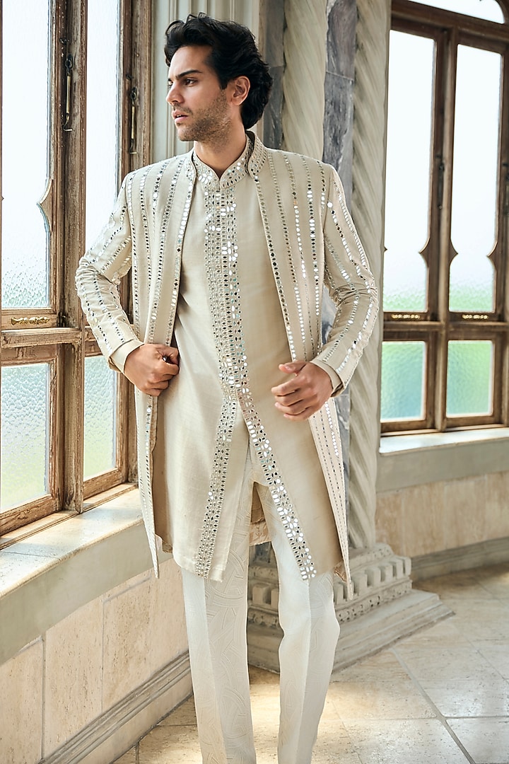 Beige Raw Silk Mirror Embroidered Groom Sherwani Set by Seema Gujral Men at Pernia's Pop Up Shop