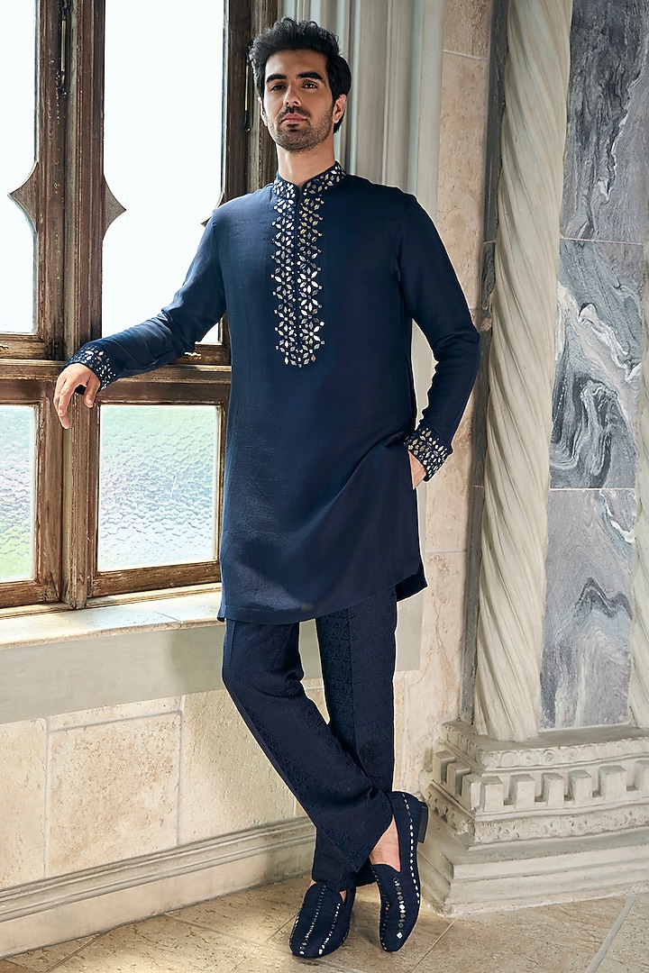 Persian Blue Raw Silk Mirror Work Open Groom Sherwani Set by Seema Gujral Men at Pernia's Pop Up Shop