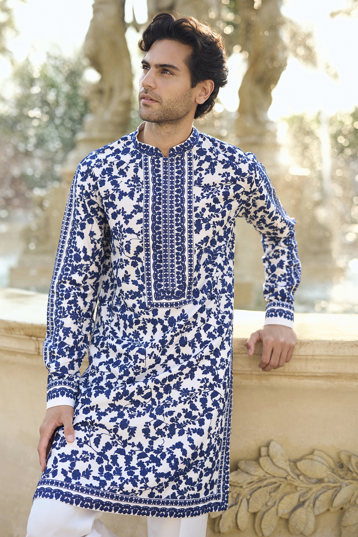 Ivory-Blue Silk Thread Embroidered Kurta Set by Seema Gujral Men