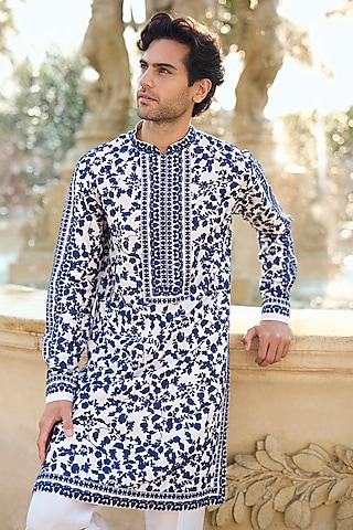 Ivory-Blue Silk Thread Embroidered Kurta Set by Seema Gujral Men