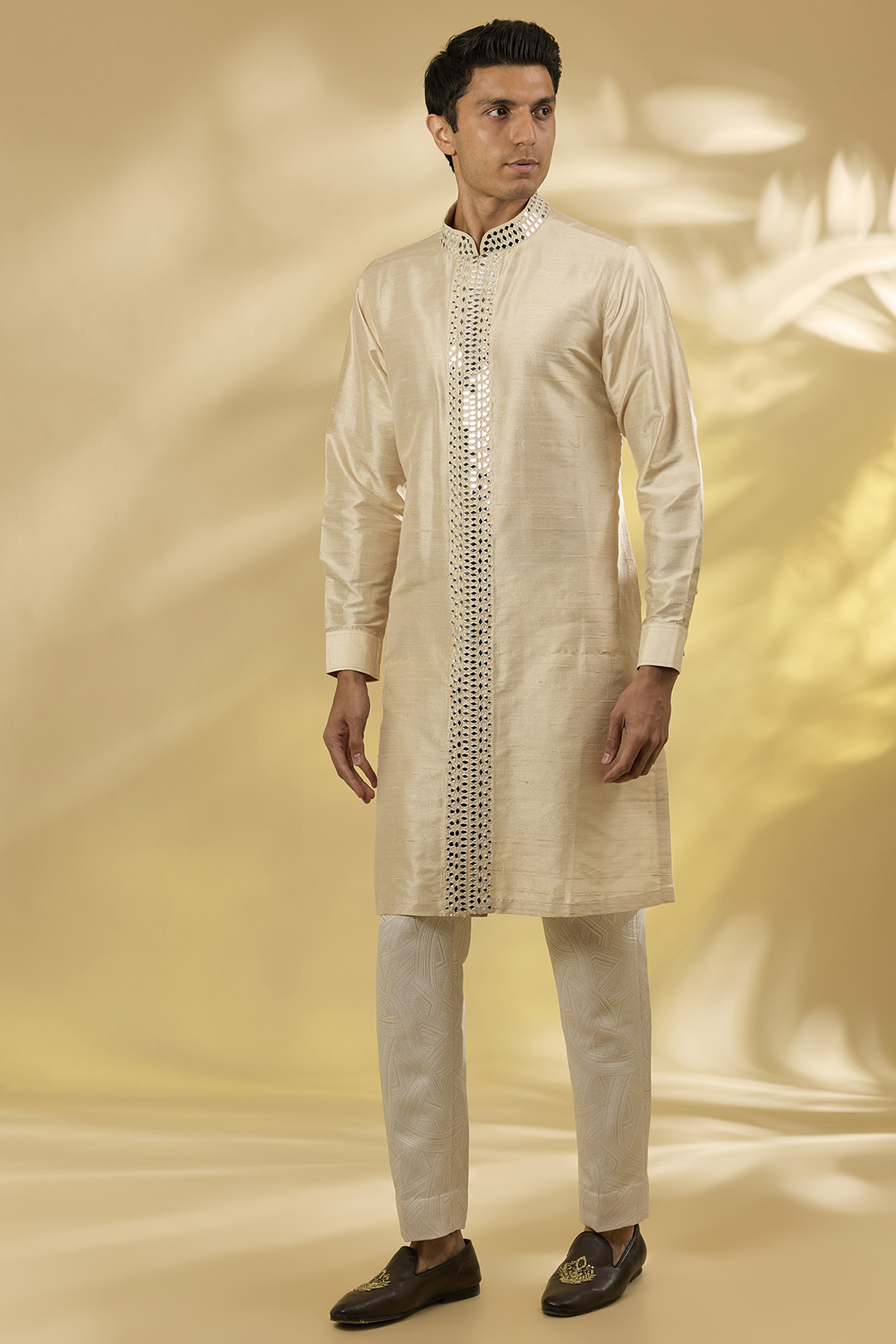 Sand Colored Silk Mirror Embroidered Kurta Set by Seema Gujral Men