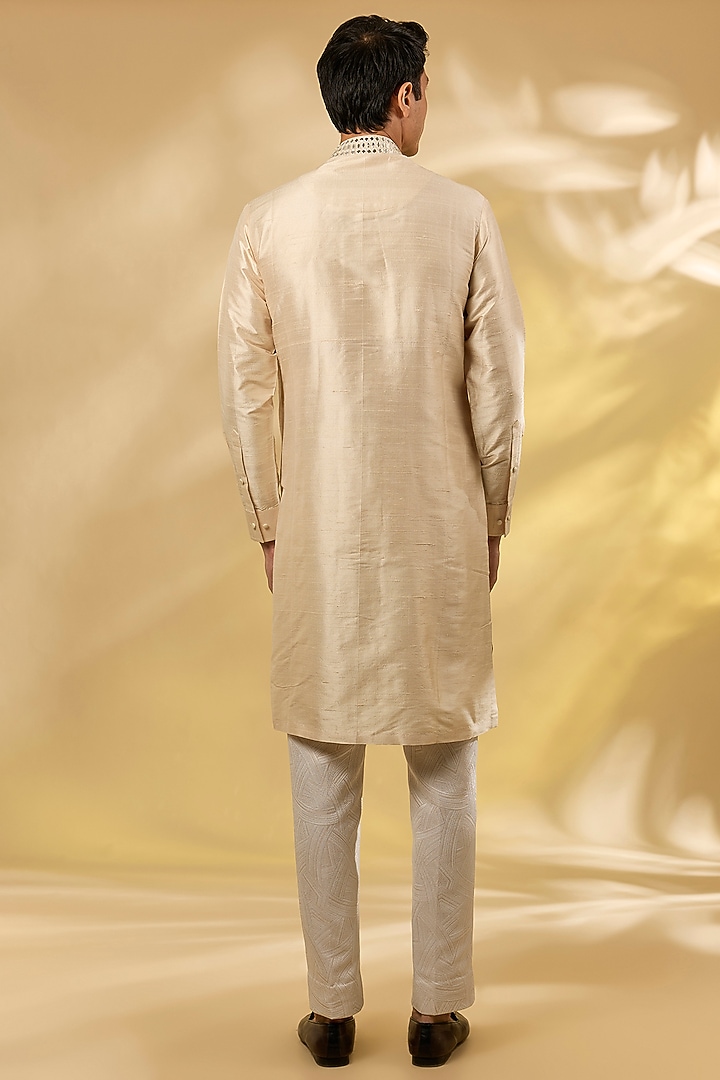 Sand Colored Silk Mirror Embroidered Kurta Set by Seema Gujral Men at Pernia's Pop Up Shop