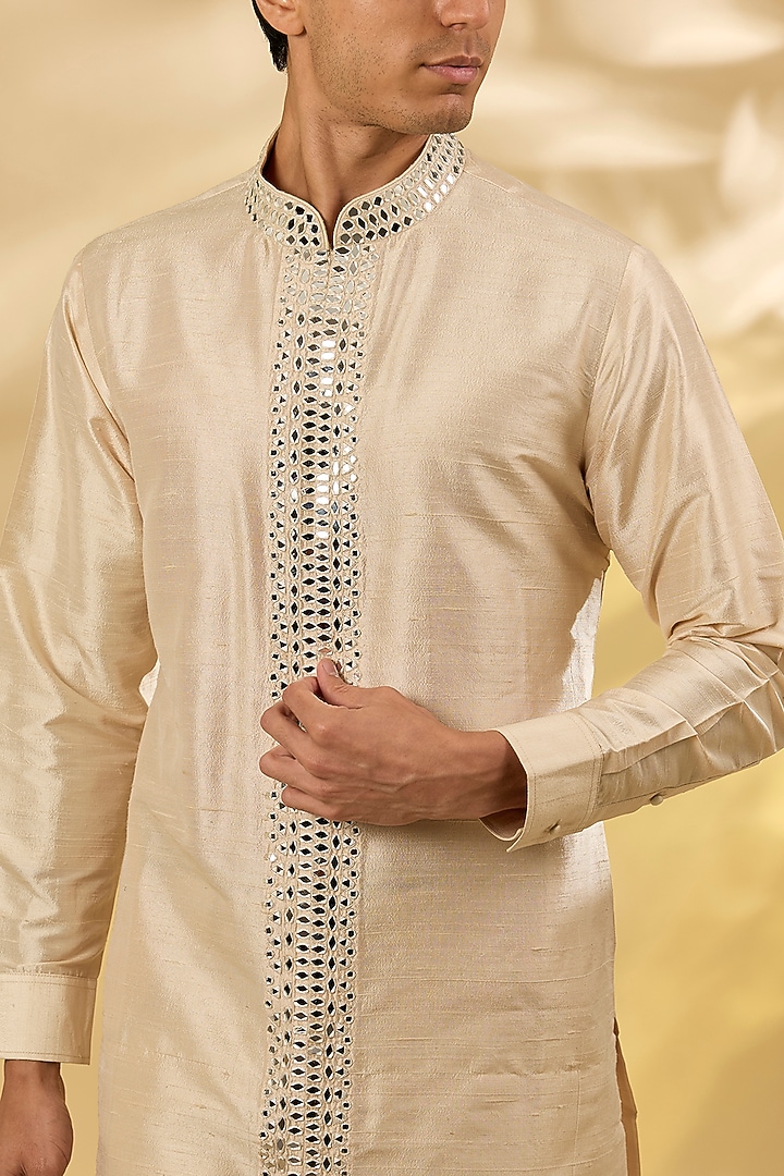 Sand Colored Silk Mirror Embroidered Kurta Set by Seema Gujral Men at Pernia's Pop Up Shop
