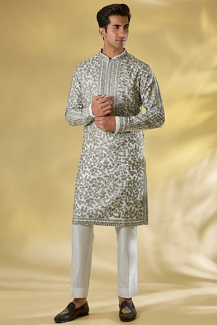 Ivory-Grey Silk Thread Embroidered Kurta Set by Seema Gujral Men