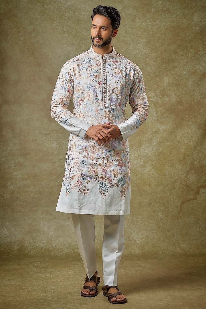 Ivory Linen Satin Sequins Embroidered Kurta Set by Seema Gujral Men