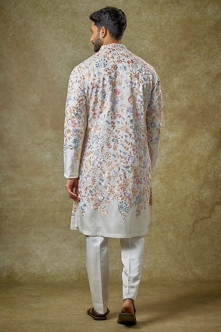 Ivory Linen Satin Sequins Embroidered Kurta Set by Seema Gujral Men at Pernia's Pop Up Shop